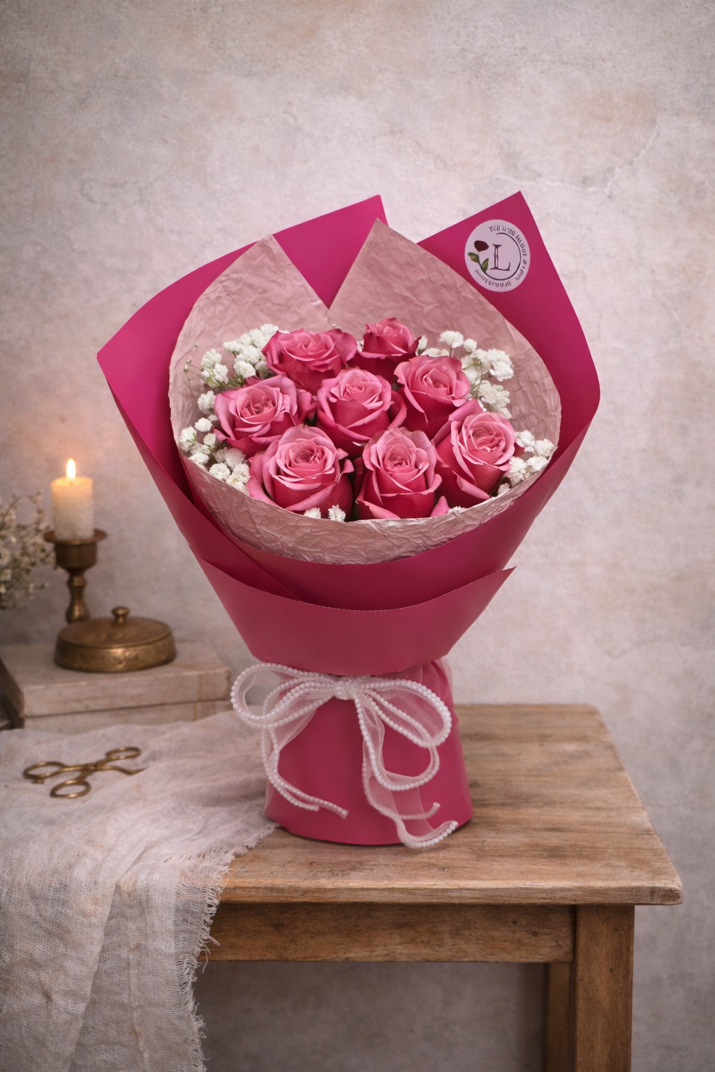 Cherry Roses with Babybreath
