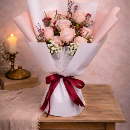 Bundle Pink Roses with Wax Flower