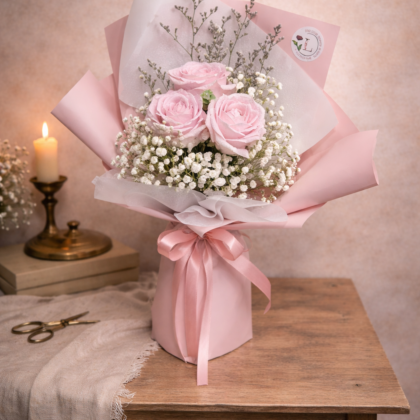 Pink Roses with Baby Breath
