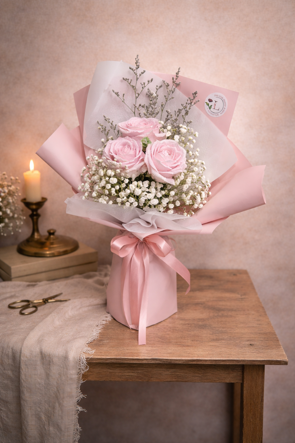 Pink Roses with Baby Breath